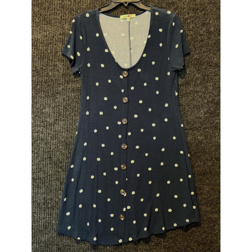 Wishful Park Navy Blue Daisy Floral Ribbed Button Front Dress XL Y2K Cottagecore